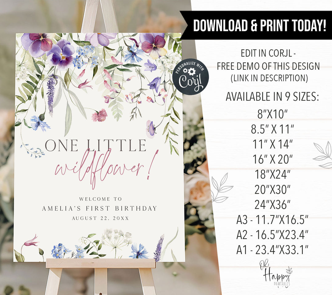 Purple One Little Wildflower Birthday Welcome Sign