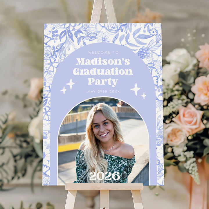 Blue Floral Graduation Welcome Sign Template