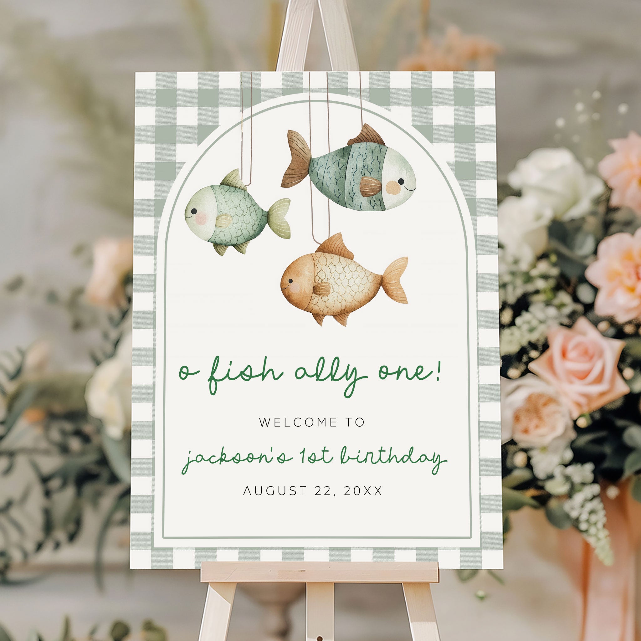 One Fish Sign O-Fish-Ally One Fishing Gingham Editable Welcome Sign Template ...