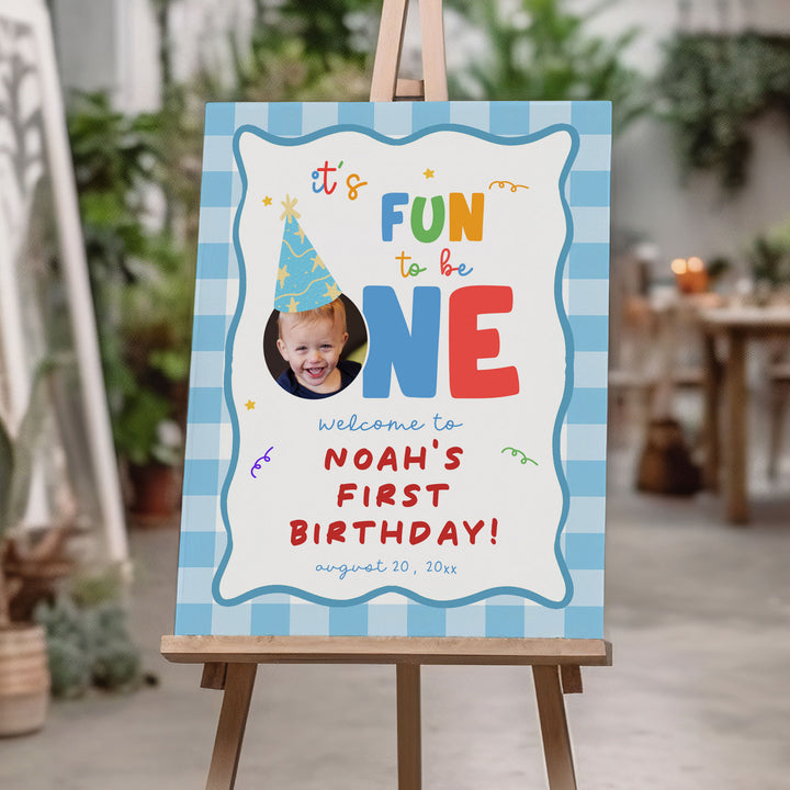 Fun To Be One Blue Gingham Welcome Sign