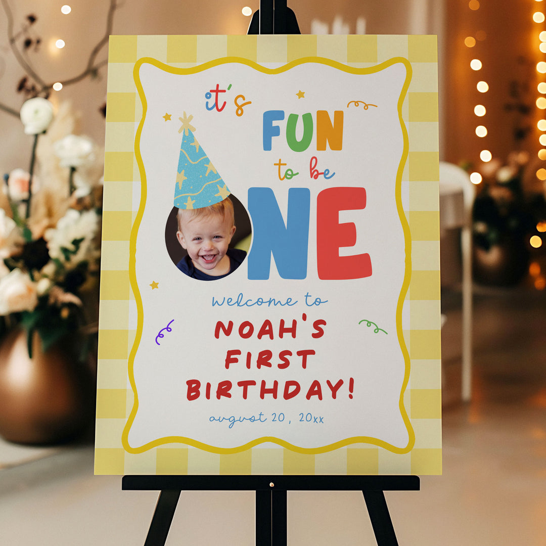 Fun To Be One Yellow Gingham Welcome Sign