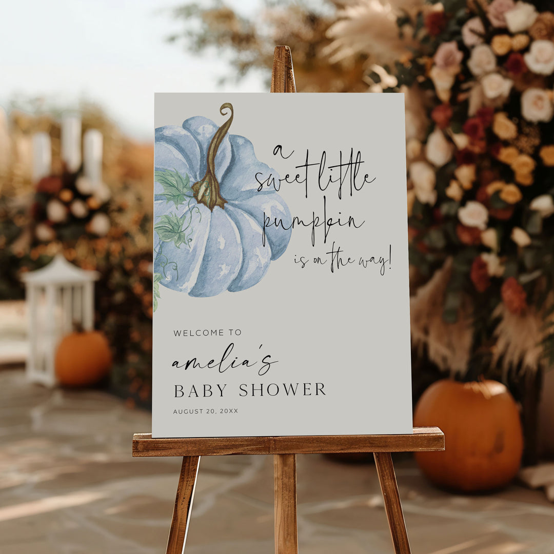 Blue Little Pumpkin Baby Shower Welcome Sign