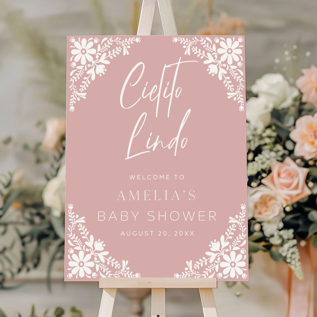 Pink Cielito Lindo baby shower welcome sign with white floral corner designs, perfect for a festive girl’s celebration.