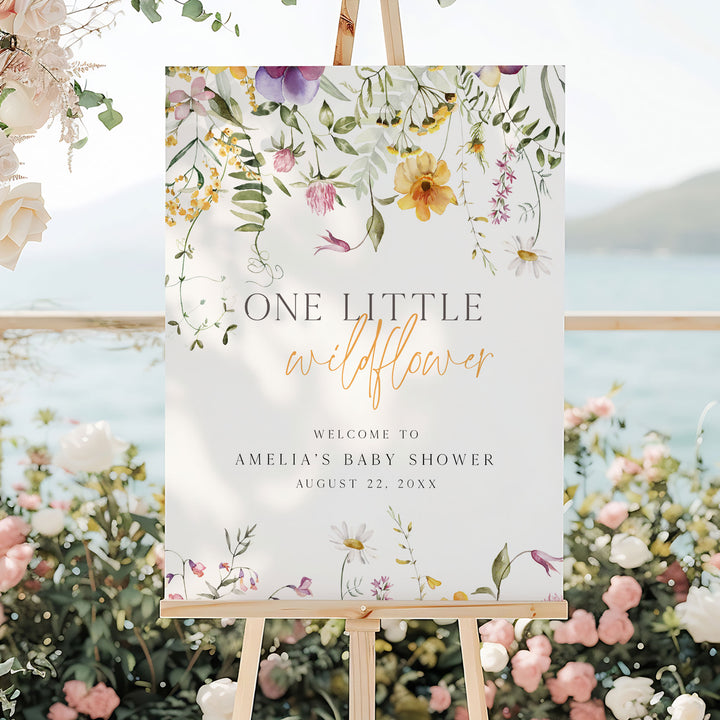 Yellow One Little Wildflower Birthday Welcome Sign