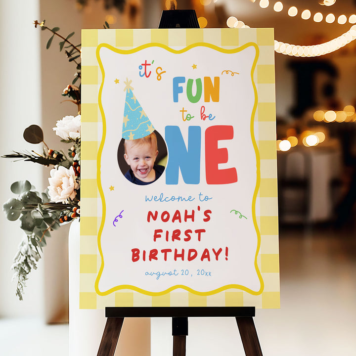 Fun To Be One Yellow Gingham Welcome Sign