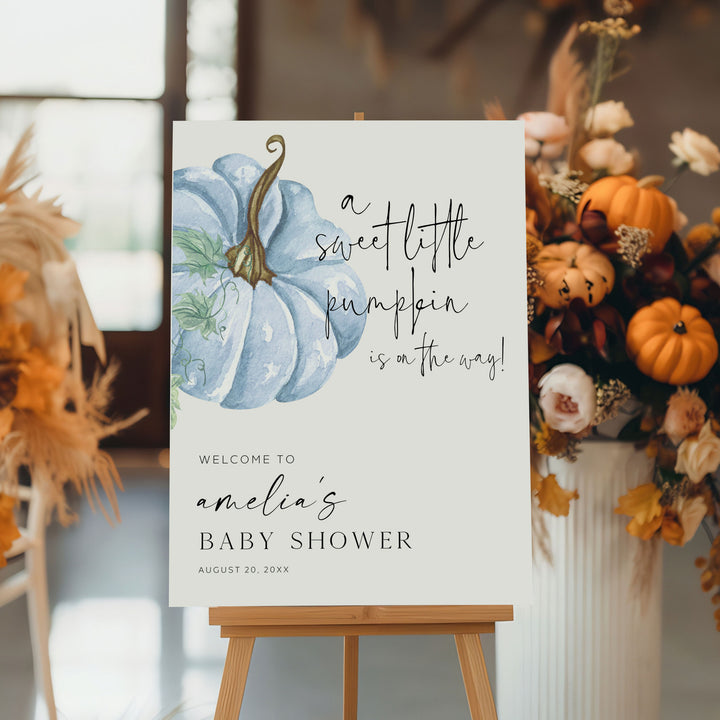 Blue Little Pumpkin Baby Shower Welcome Sign