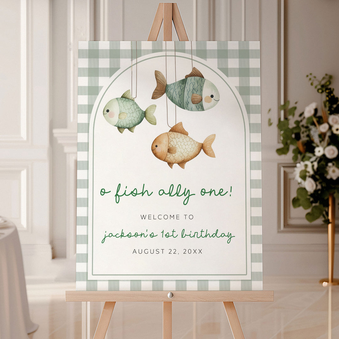 One Fish Sign O-Fish-Ally One Fishing Gingham Editable Welcome Sign Template ...