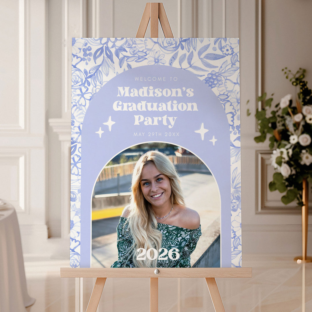 Blue Floral Graduation Welcome Sign Template
