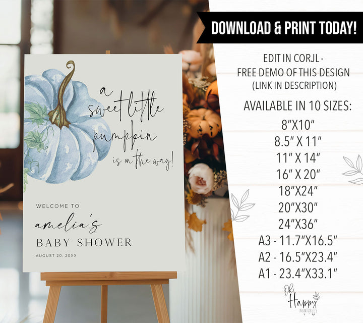 Blue Little Pumpkin Baby Shower Welcome Sign