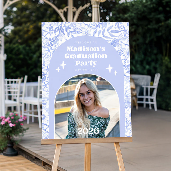 Blue Floral Graduation Welcome Sign Template