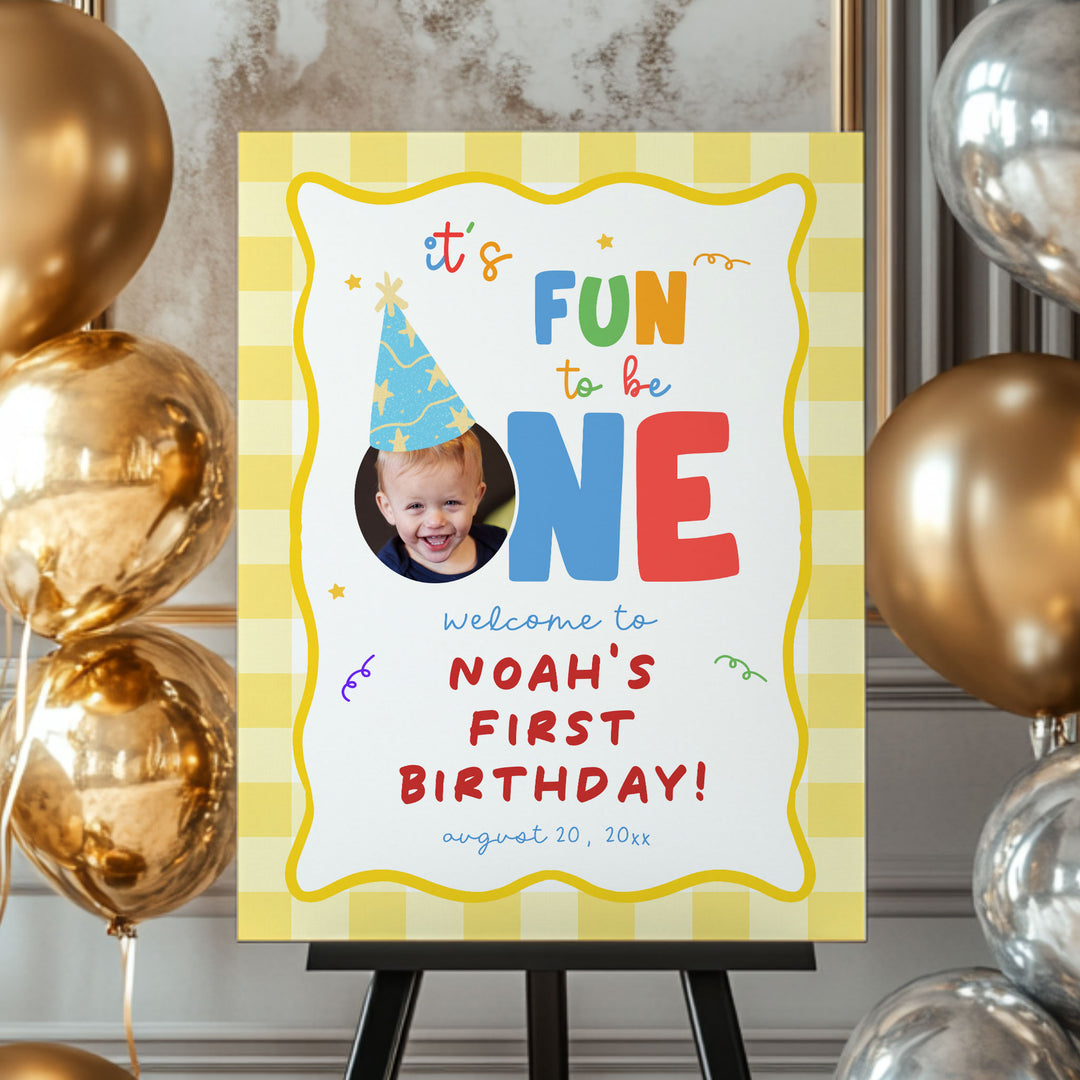 Fun To Be One Yellow Gingham Welcome Sign
