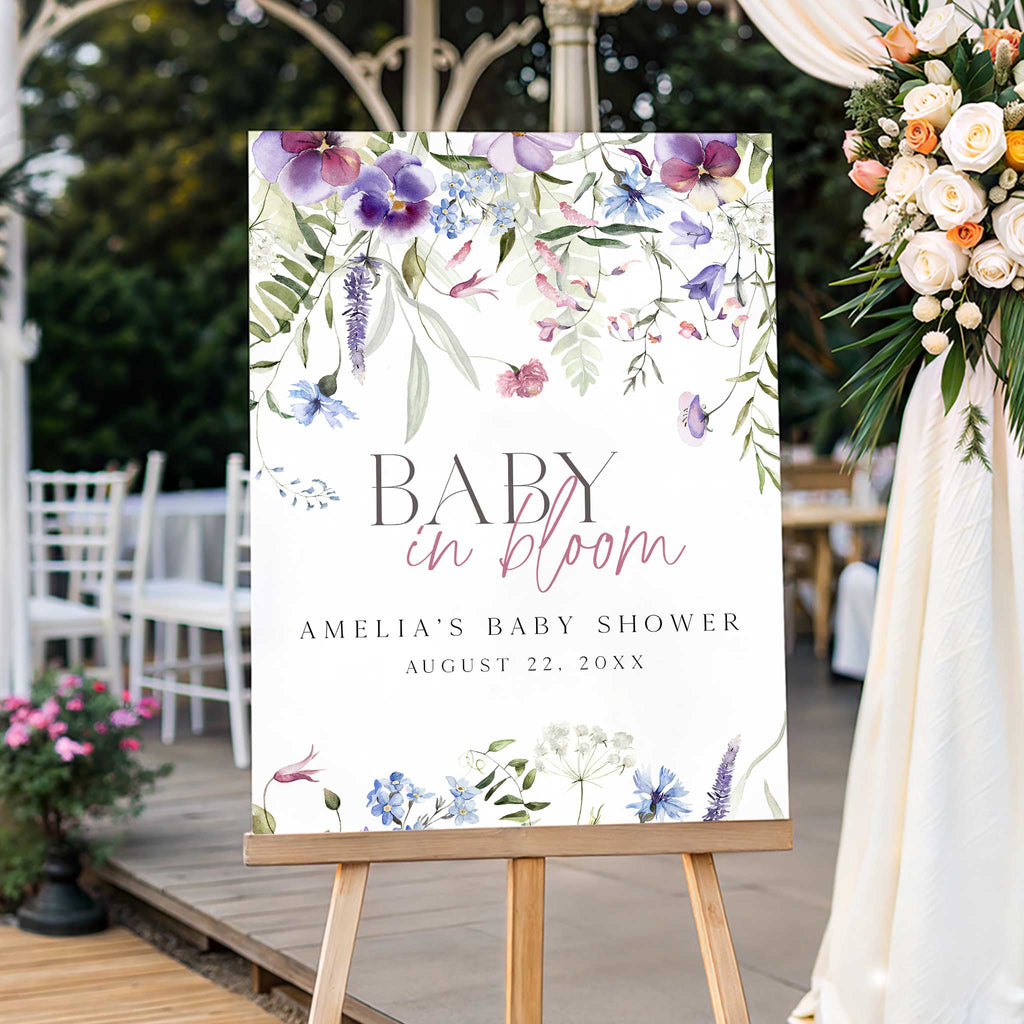 Baby In Bloom Purple Welcome Sign Editable Template – OhHappyPrintables