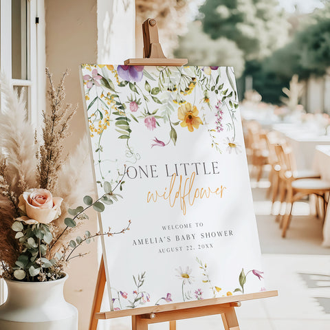 Yellow One Little Wildflower Birthday Welcome Sign