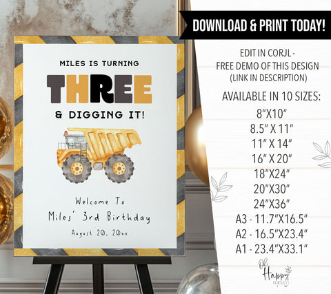 3rd Birthday Construction Truck Welcome Sign