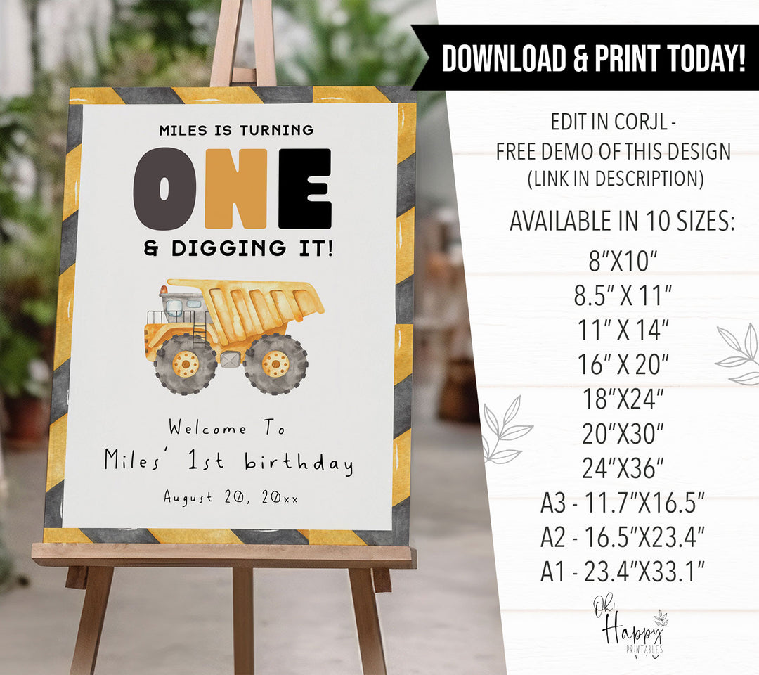 1st Birthday Construction Truck Welcome Sign