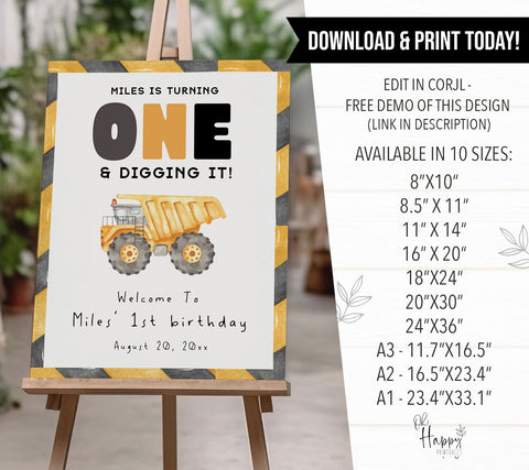 1st Birthday Construction Truck Welcome Sign