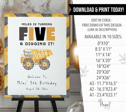 5th Birthday Construction Truck Welcome Sign