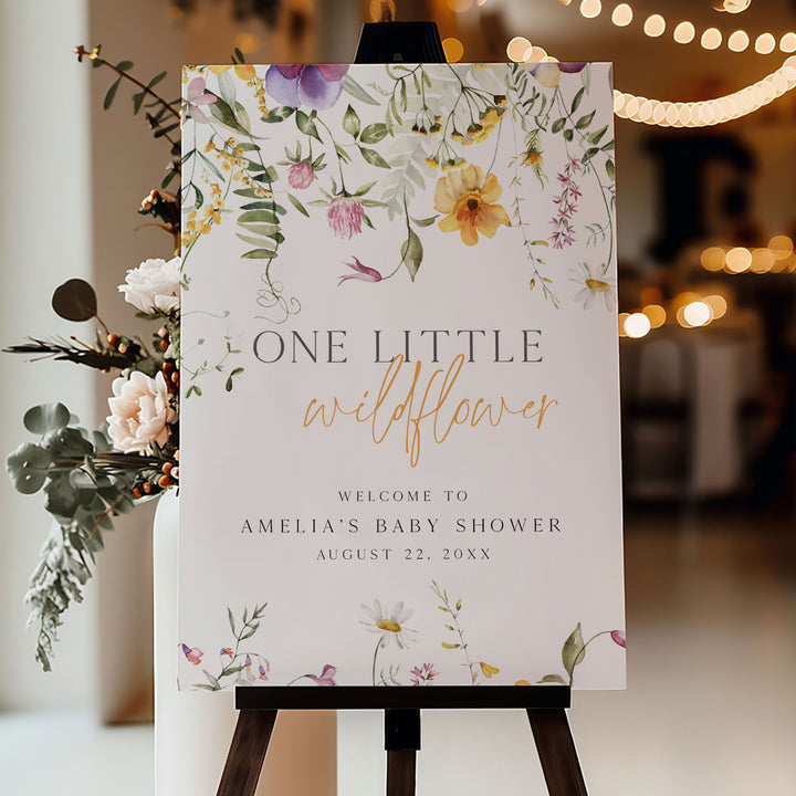 Yellow One Little Wildflower Birthday Welcome Sign
