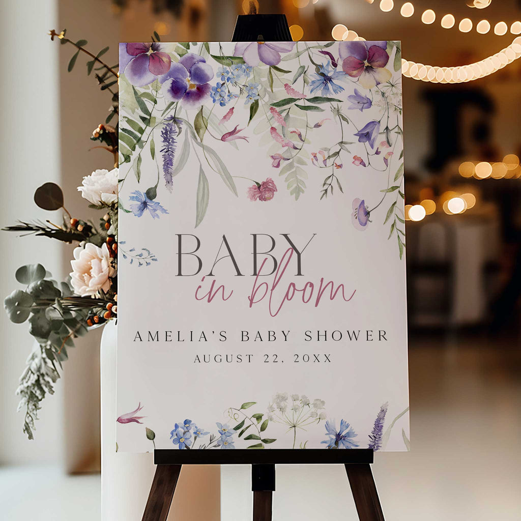 Baby In Bloom Purple Welcome Sign Editable Template – OhHappyPrintables