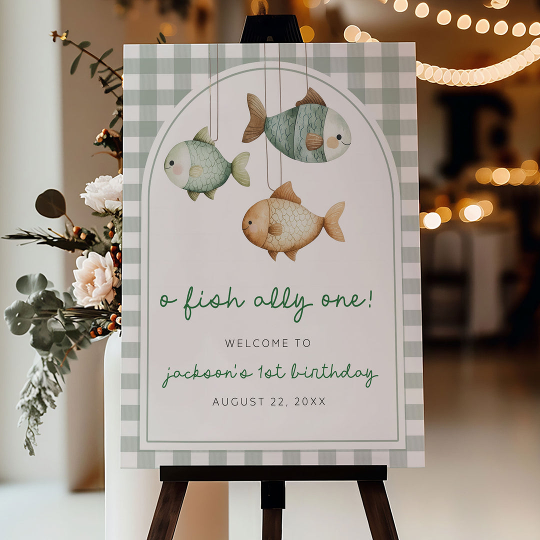 Welcome Tooffish O-Fish-Ally One Fishing Gingham Editable Welcome Sign Template ...