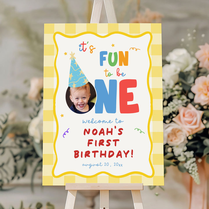 Fun To Be One Yellow Gingham Welcome Sign