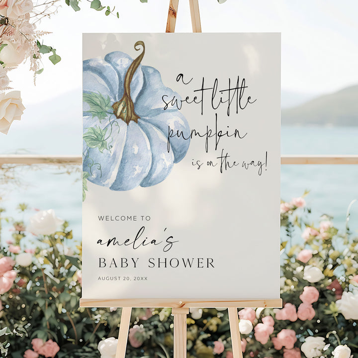 Blue Little Pumpkin Baby Shower Welcome Sign