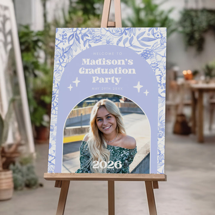Blue Floral Graduation Welcome Sign Template