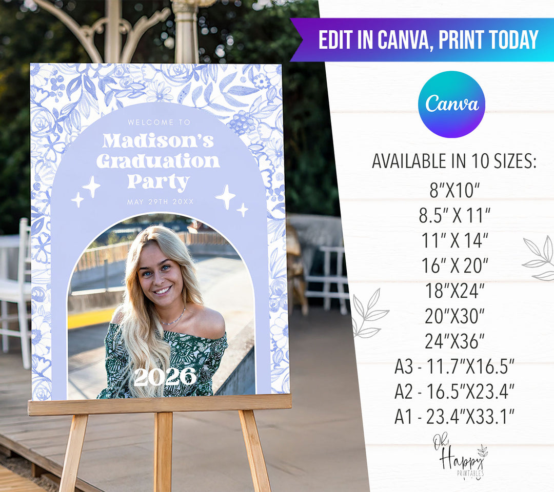 Blue Floral Graduation Welcome Sign Template
