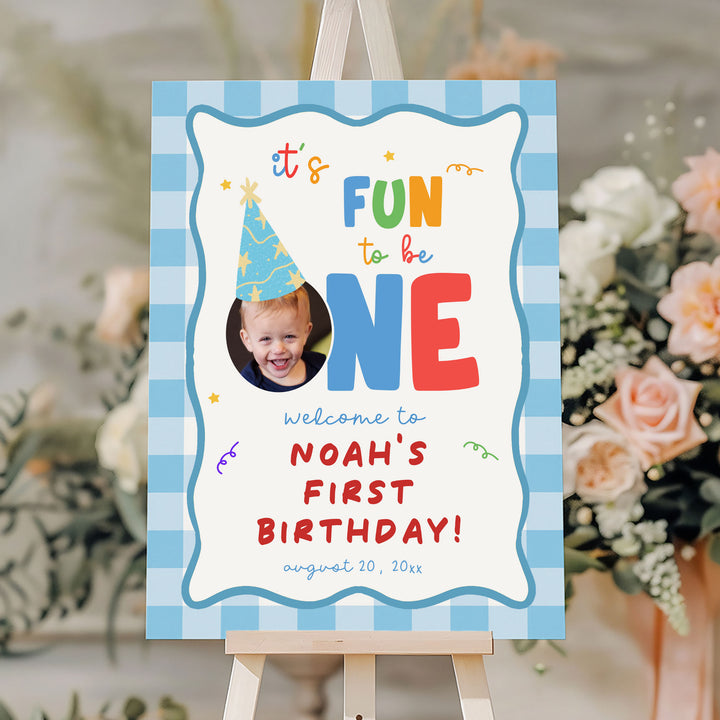 Fun To Be One Blue Gingham Welcome Sign