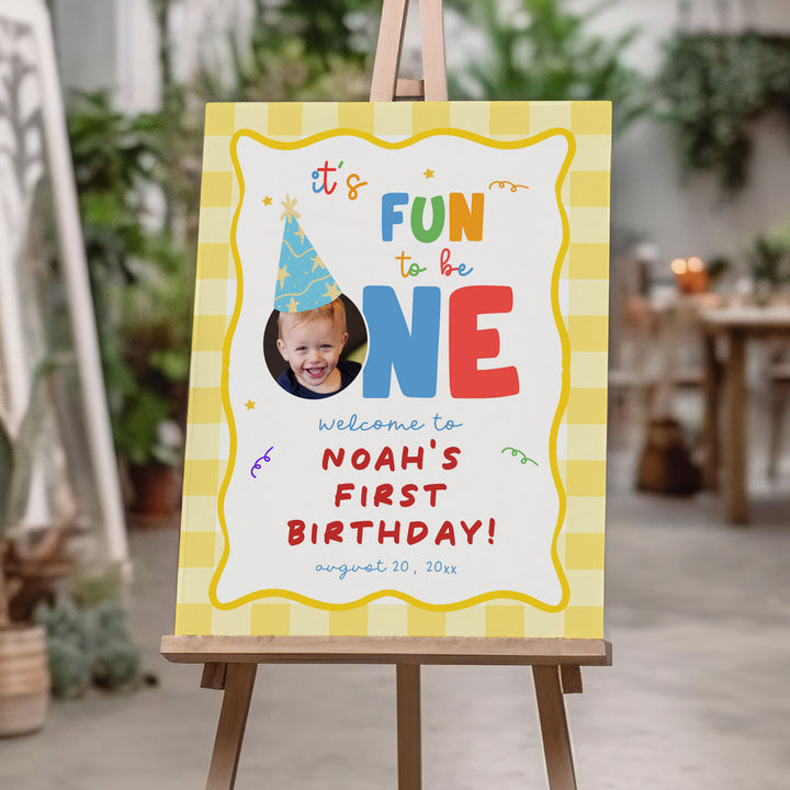 Fun To Be One Yellow Gingham Welcome Sign