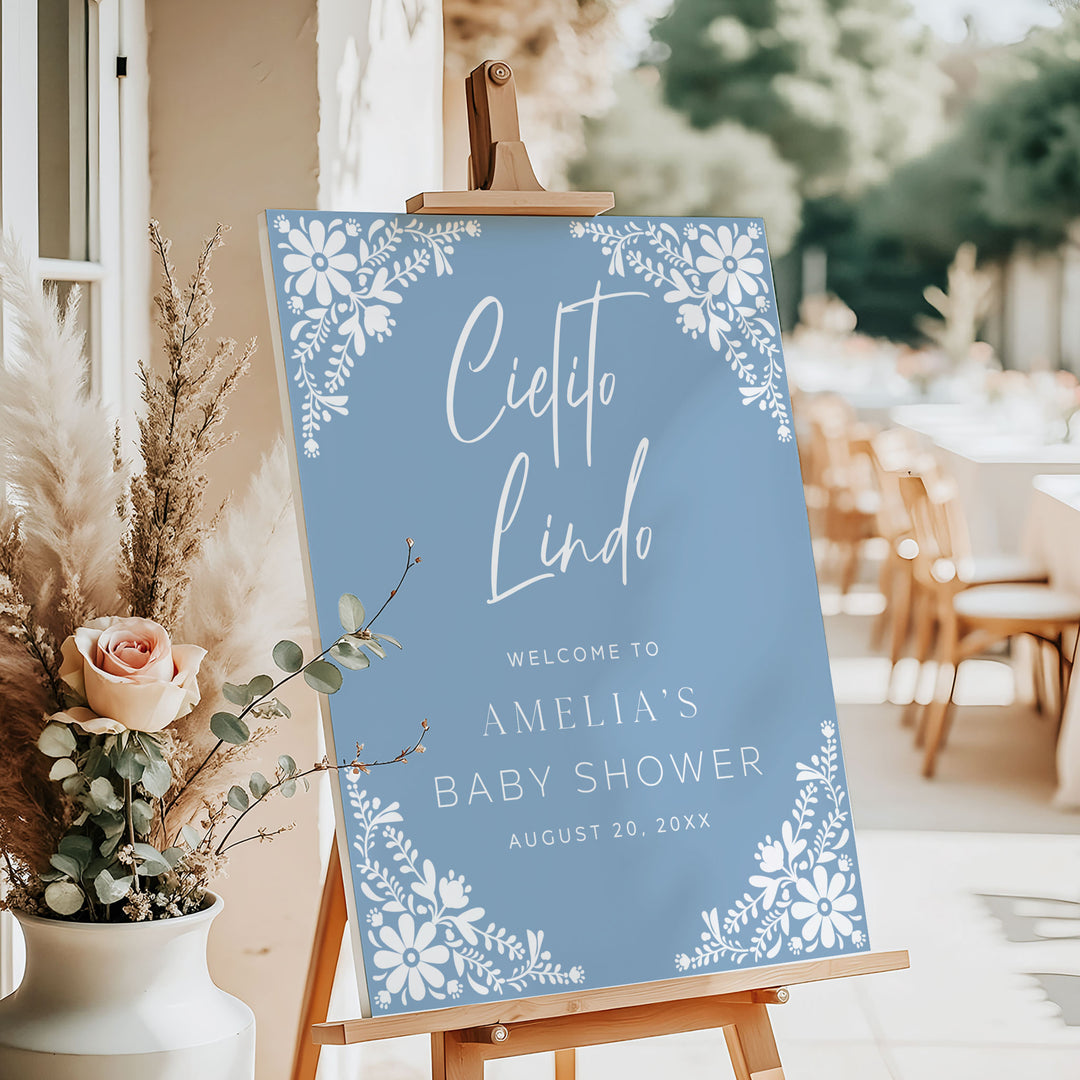 Printable Cielito Lindo baby shower sign with custom name and date, designed for a stylish fiesta celebration.