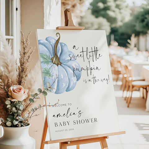 Blue Little Pumpkin Baby Shower Welcome Sign