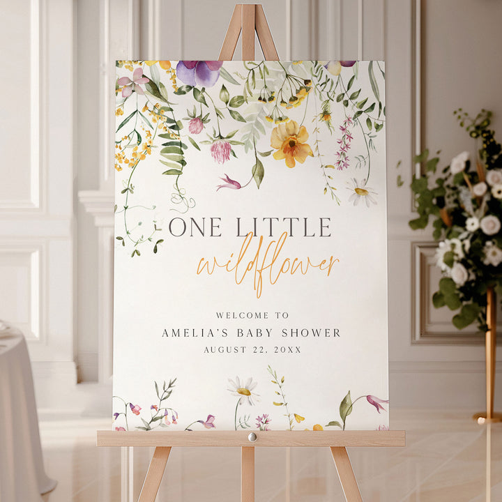 Yellow One Little Wildflower Birthday Welcome Sign