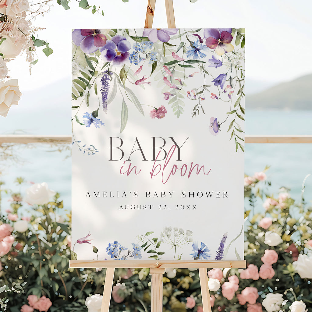 Baby In Bloom Purple Welcome Sign Editable Template – OhHappyPrintables