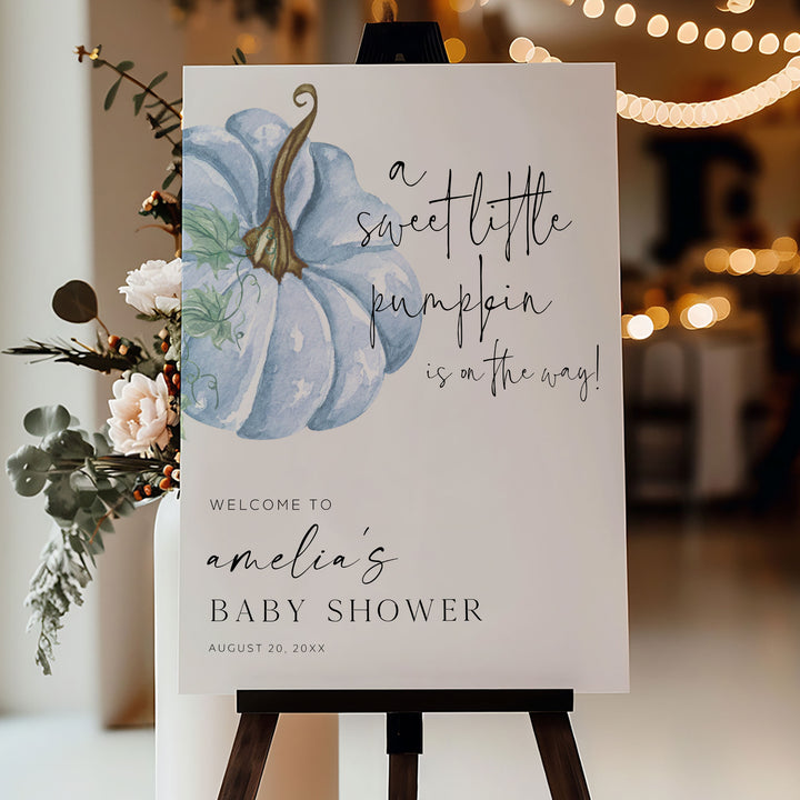 Blue Little Pumpkin Baby Shower Welcome Sign