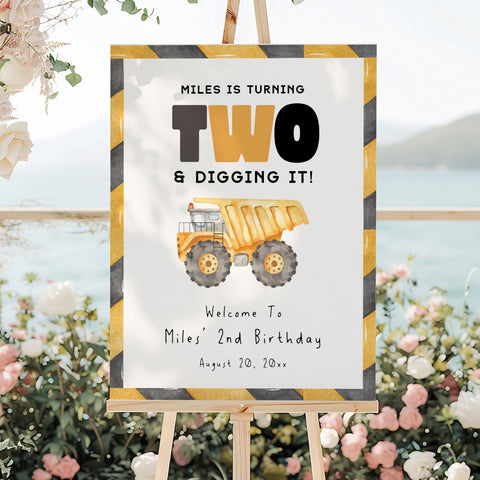 2nd Birthday Construction Truck Welcome Sign