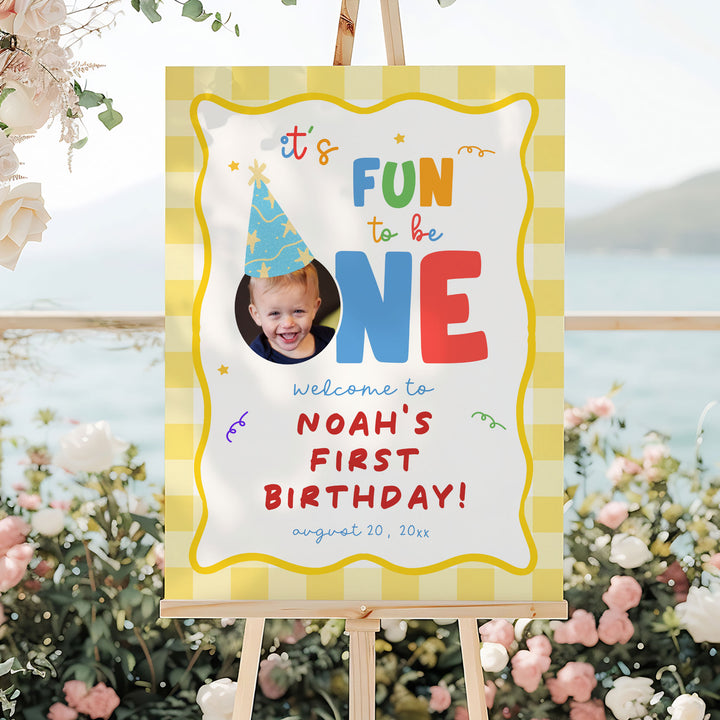 Fun To Be One Yellow Gingham Welcome Sign