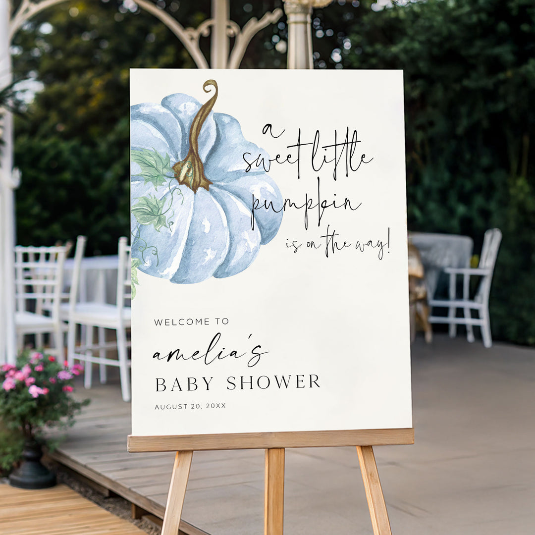 Blue Little Pumpkin Baby Shower Welcome Sign