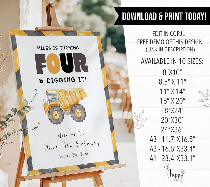 4th Birthday Construction Truck Welcome Sign