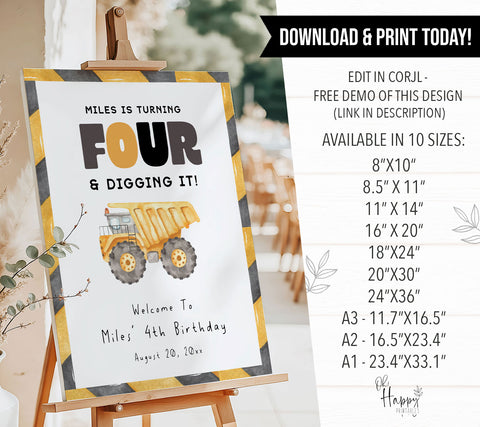 4th Birthday Construction Truck Welcome Sign