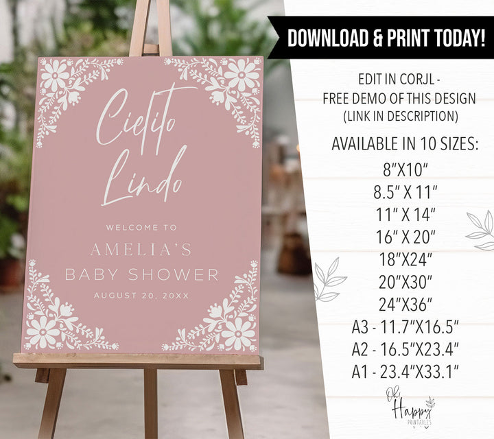 Blush pink baby shower welcome board personalized with name and date, perfect for a spring or summer fiesta.
