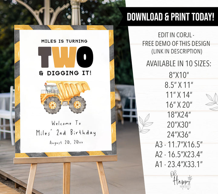 2nd Birthday Construction Truck Welcome Sign