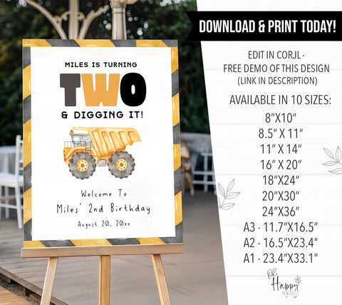 2nd Birthday Construction Truck Welcome Sign