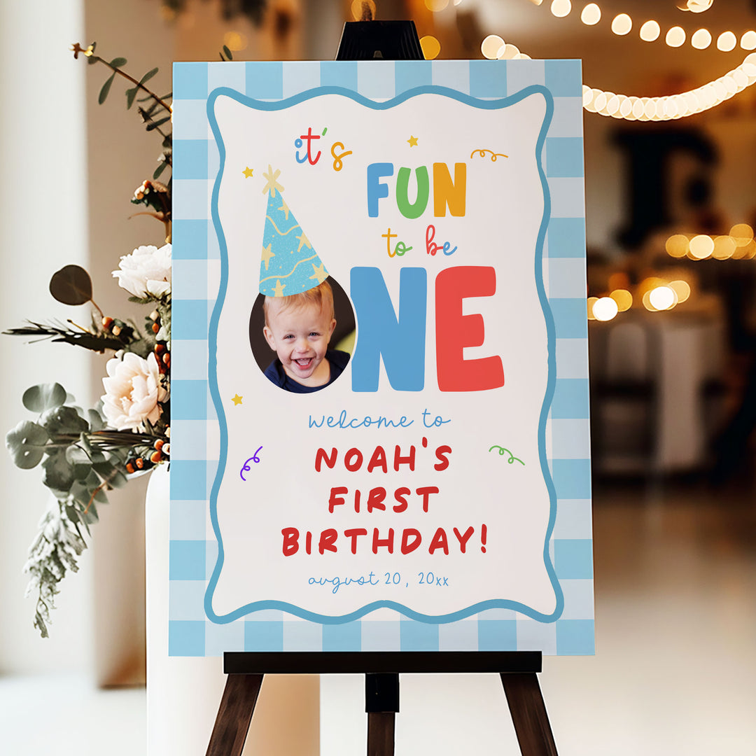 Fun To Be One Blue Gingham Welcome Sign