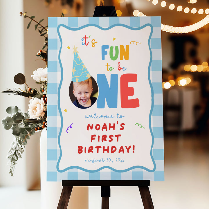 Fun To Be One Blue Gingham Welcome Sign