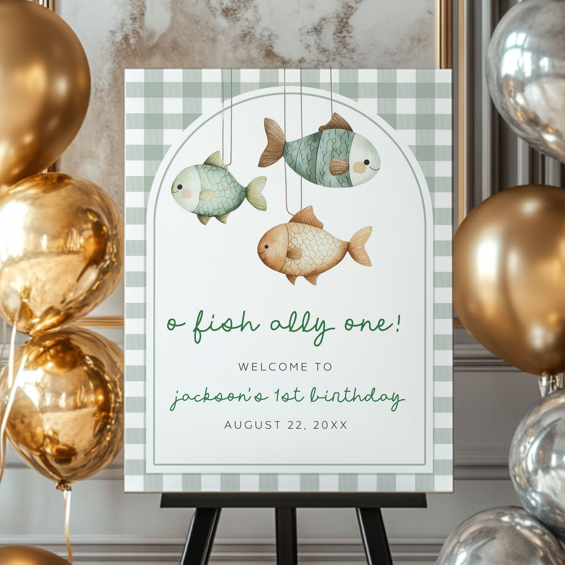 Welcome Tooffish O-Fish-Ally One Fishing Gingham Editable Welcome Sign Template ...
