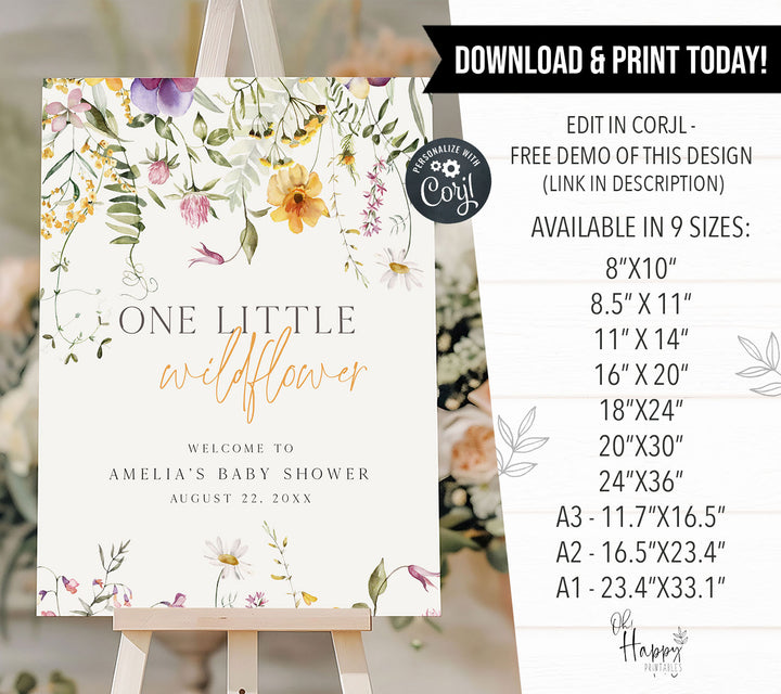 Yellow One Little Wildflower Birthday Welcome Sign