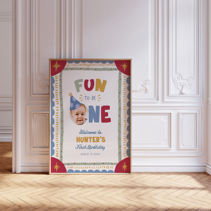 Fun To Be One Boho Welcome Sign editable Canva template