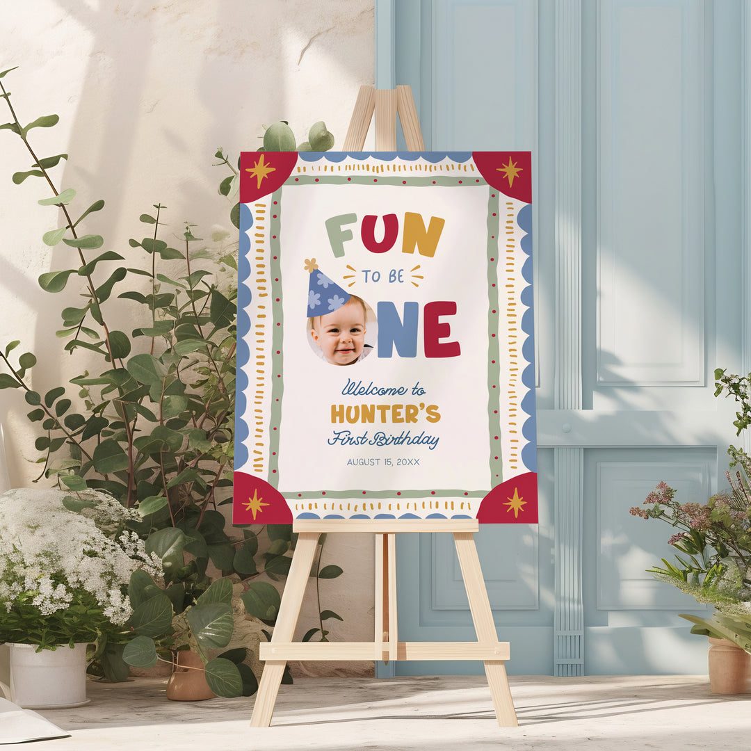 Fun To Be One Boho Welcome Sign editable Canva template