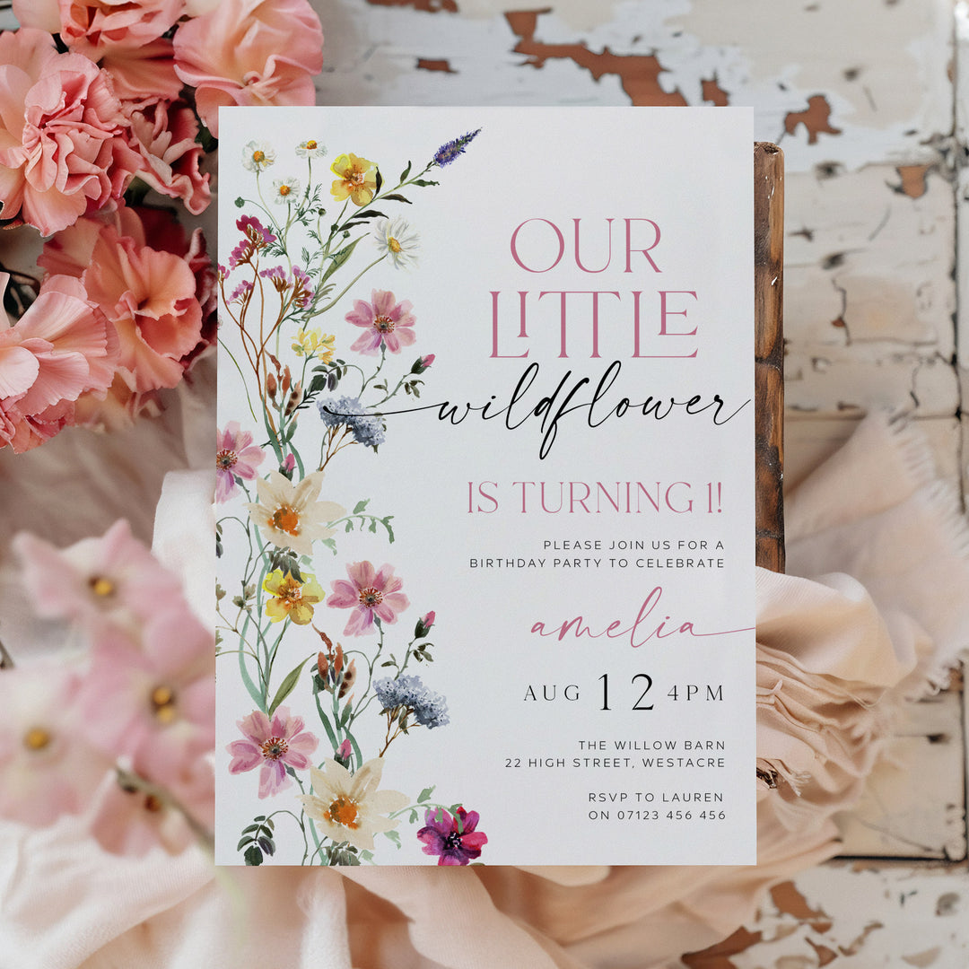 One Little Wildflower Border Invitation